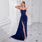 Sequin Strapless Ruched High Slit Evening Gown Dress – Elegant Formal Maxi - Styeenigma