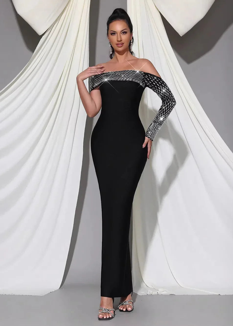 Rhinestone One-Shoulder Bandage Evening Gown – Off Shoulder Formal Maxi Dress - Styeenigma