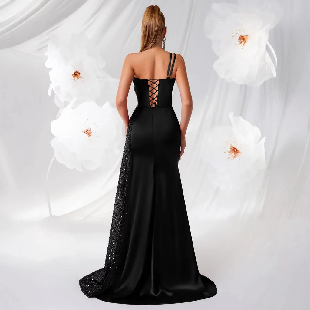 Single Shoulder Sequin Prom Dress with High Slit – Long Evening Gown - Styeenigma