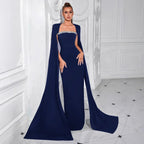 Square Neck Rhinestone Long Sleeve Maxi Evening Dress Formal Gown - Styeenigma