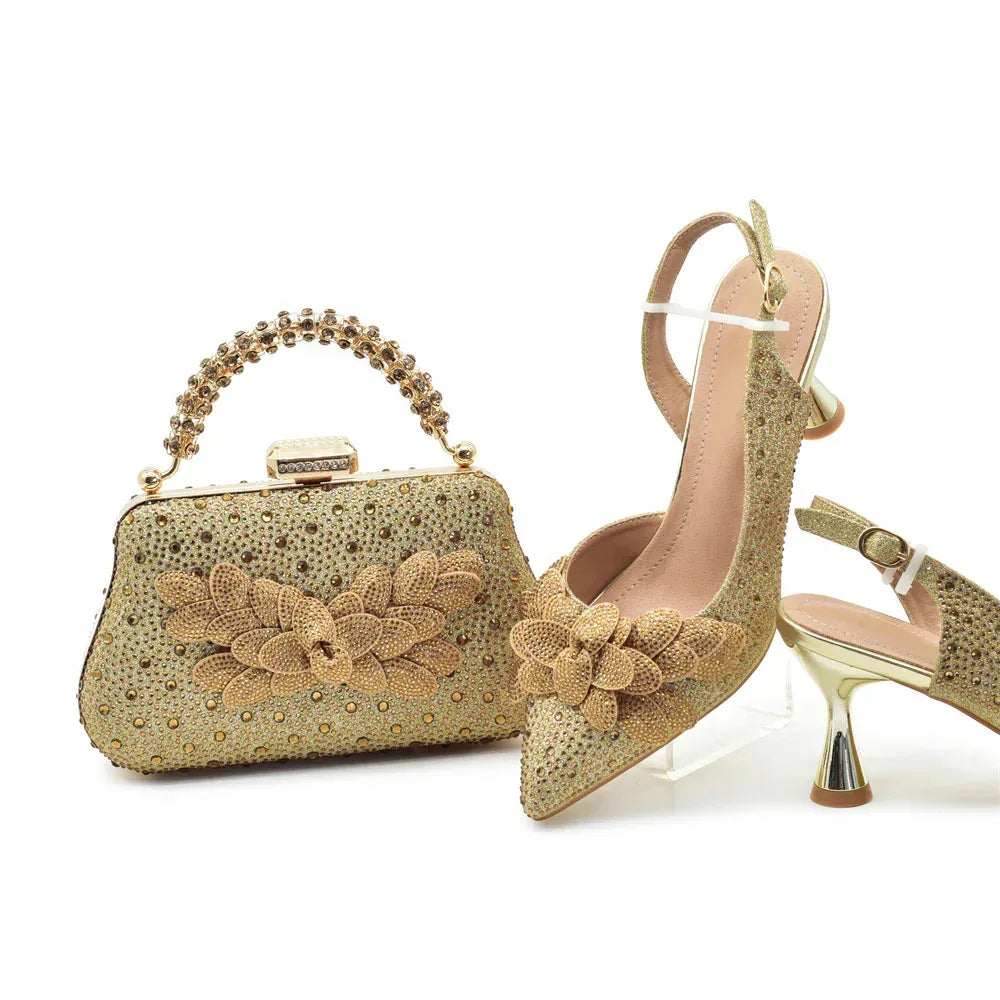 Leaf Appliqué Party Shoes & Matching Bag with Stiletto Heel - Styeenigma