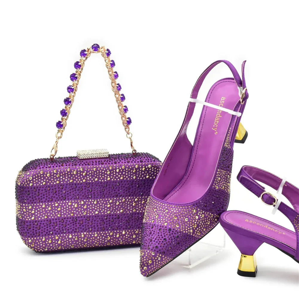 Sequin Stiletto Sandals & Faux-Lock Hardbox Bag Evening Set - Styeenigma
