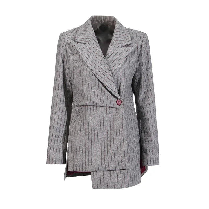 Vintage Lazy Style Grey Striped Irregular Design Blazer for Women. - Styeenigma