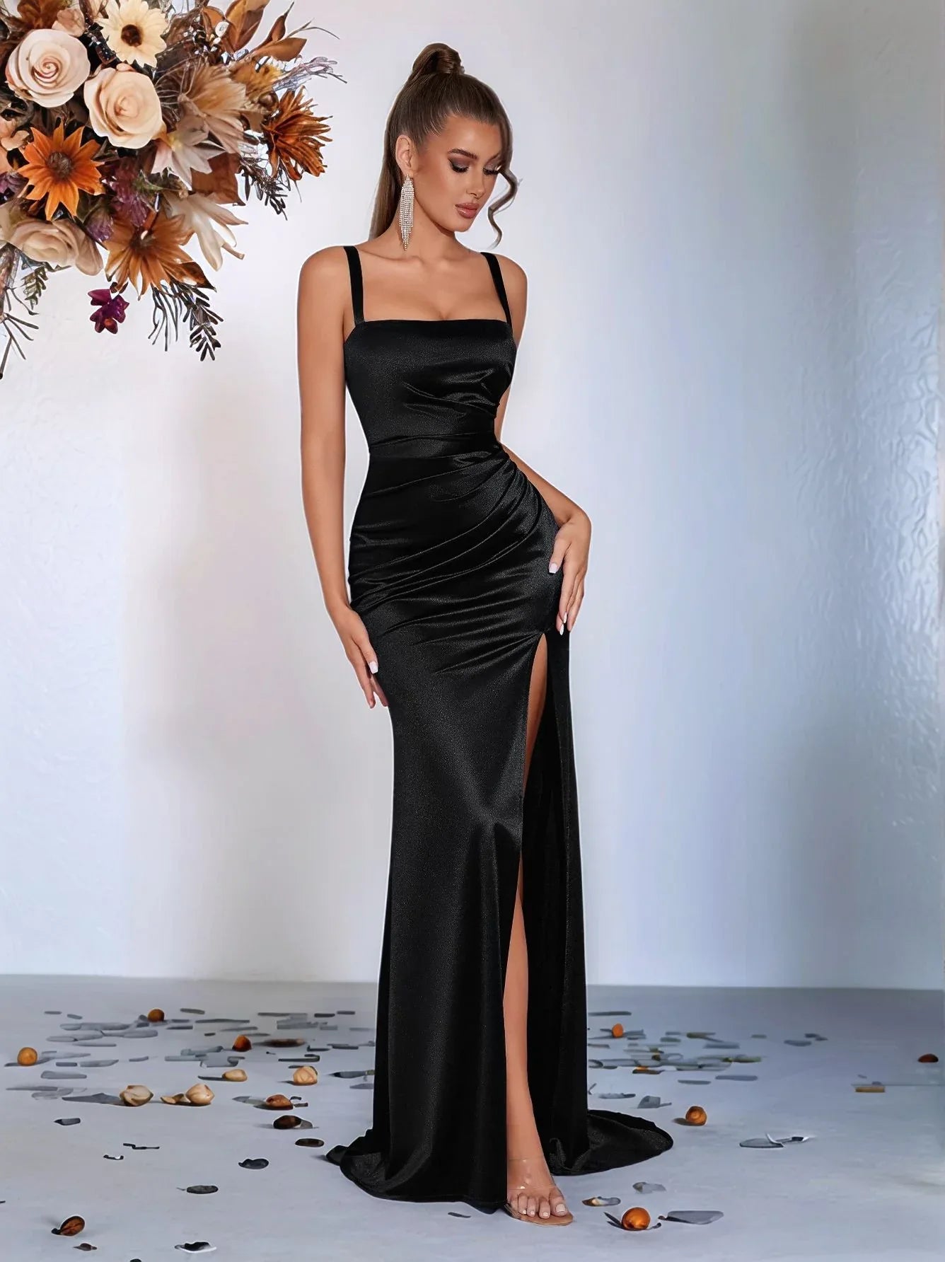 Satin Spaghetti Strap High Split Prom Dress – Ball Gown - Styeenigma