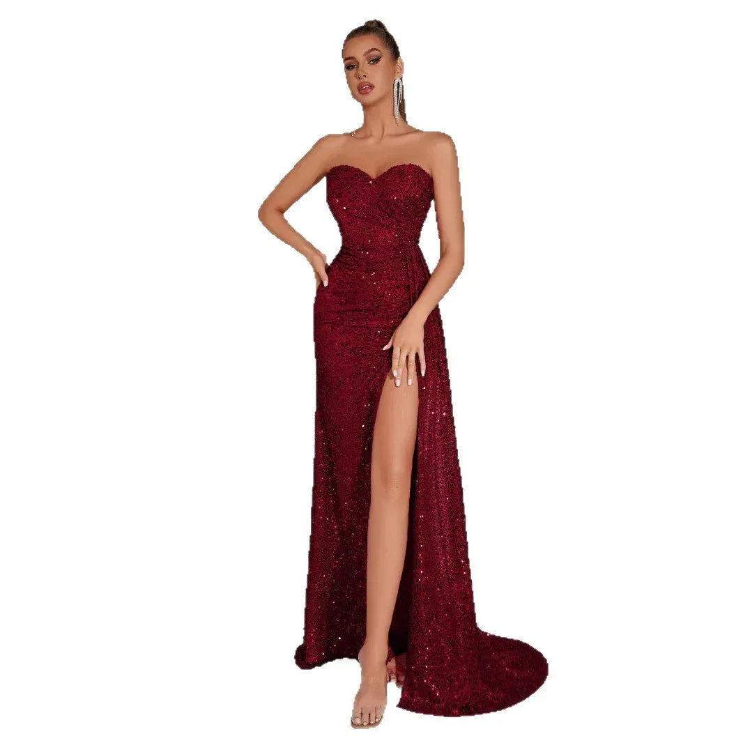 Strapless Evening Maxi Dress with High Slit – Long Sequin Prom Dress - Styeenigma