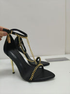 Gold Chain Stiletto Heels for Women – Metallic Sandals with Ankle Strap & Tassel Charm - Styeenigma