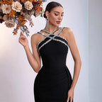 Halter Rhinestone Mermaid Evening Gown – Black Formal Dress with Side Slit & Train