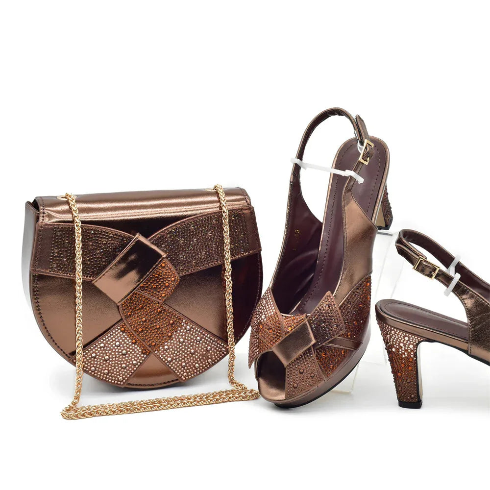 Peep Toe Rhinestone High Heel Sandals & Matching Bag Evening Set - Styeenigma