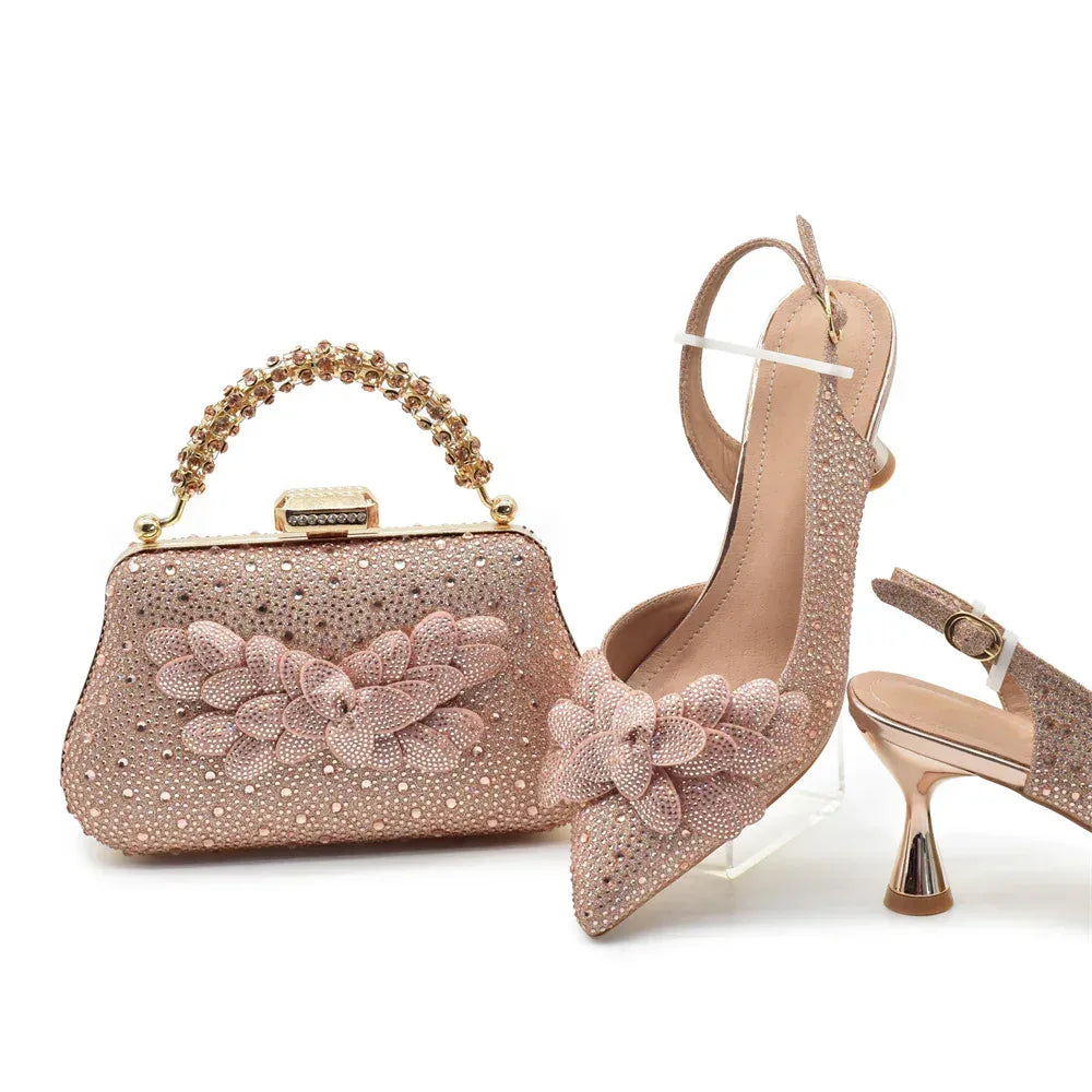 Leaf Appliqué Party Shoes & Matching Bag with Stiletto Heel - Styeenigma