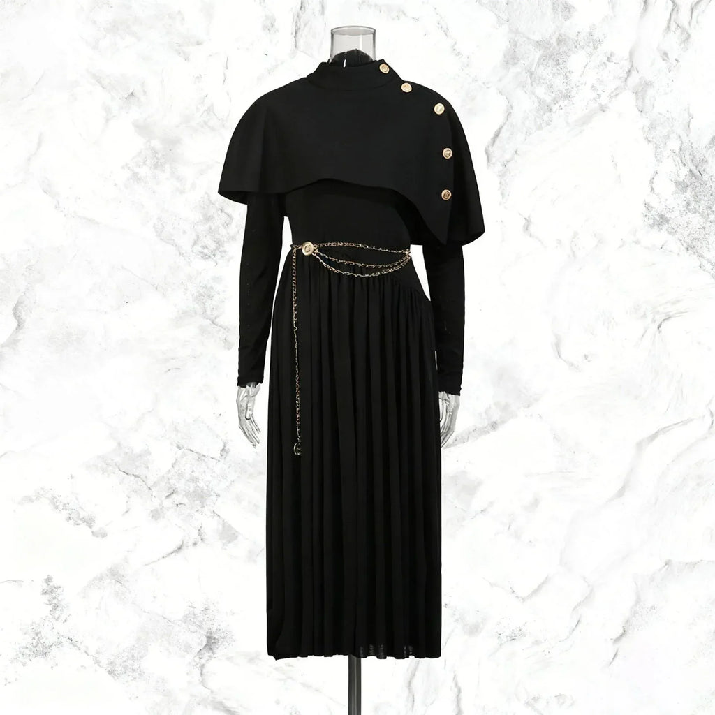 Women’s Two-Piece Set – Button-Detail Shawl & Long-Sleeve Pleated Dress - Styeenigma