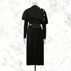 Women’s Two-Piece Set – Button-Detail Shawl & Long-Sleeve Pleated Dress - Styeenigma