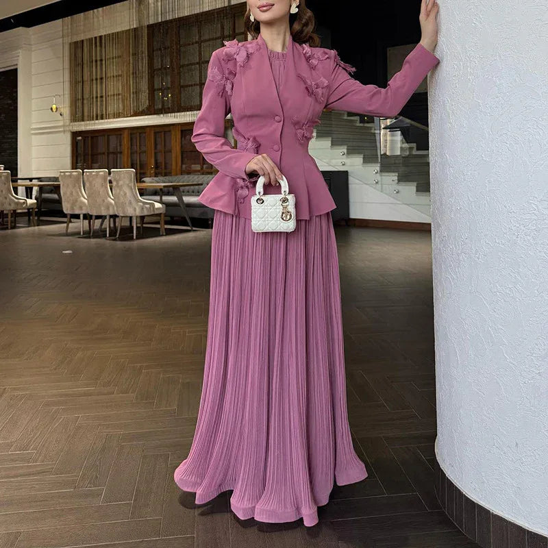 Elegant Two-Piece Set – 3D Embroidered Jacket & High-Waist Pleated Skirt - Styeenigma