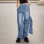 Detachable Ribbon Patchwork High-Waist Straight-Leg Jeans Denim Pants