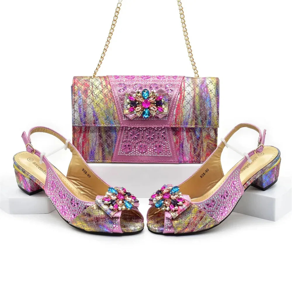 Rhinestone Floral Buckle High Heel Shoes & Bag Set - Styeenigma