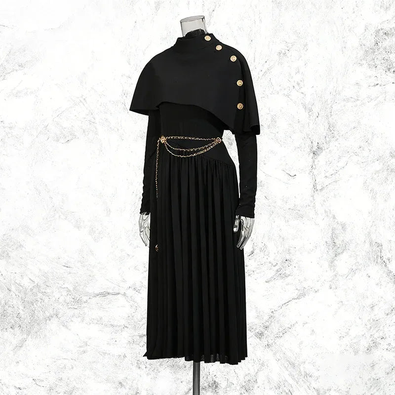 Women’s Two-Piece Set – Button-Detail Shawl & Long-Sleeve Pleated Dress - Styeenigma