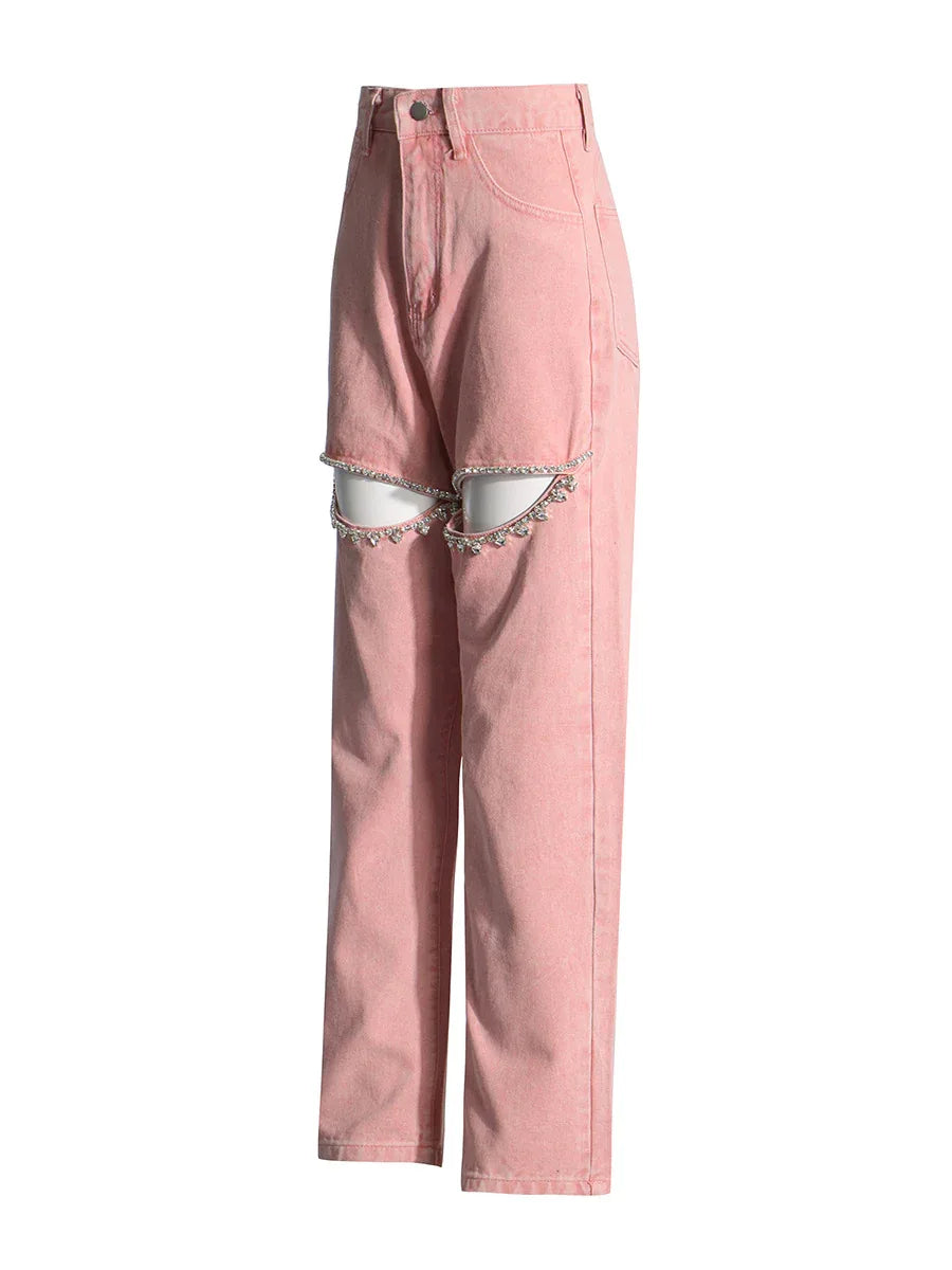 High Waist Long Rhinestone Hollow-Out Wide Leg Pants for Women