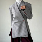 Vintage Lazy Style Grey Striped Irregular Design Blazer for Women. - Styeenigma