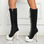 Women’s Black White Knee High Platform Stiletto Sneaker Boots Lace Up High Heel Boots