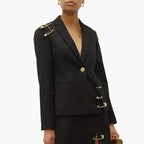Black Patchwork Pin Decoration Slim Fit Rock Style Blazer for Women - Styeenigma