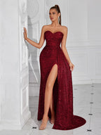 Strapless Evening Maxi Dress with High Slit – Long Sequin Prom Dress - Styeenigma
