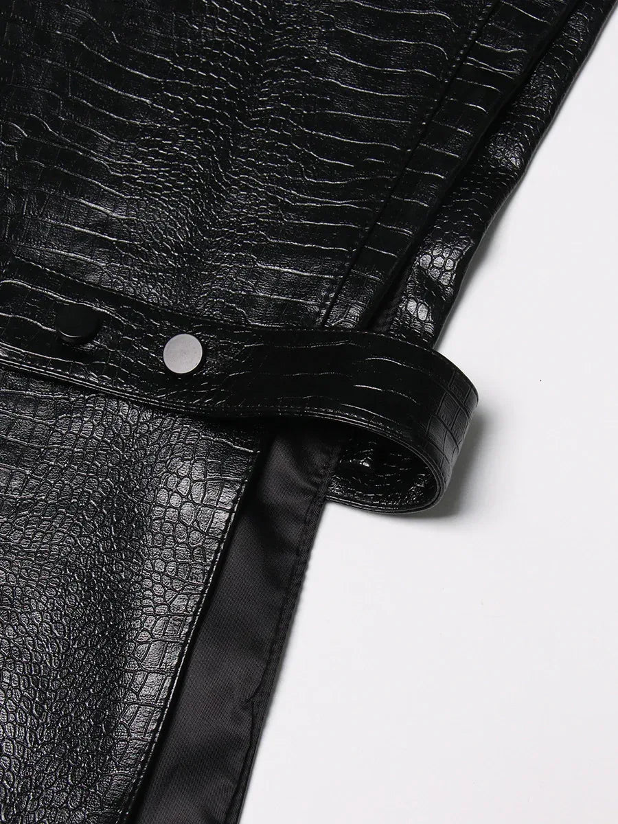 Crocodile Embossed Leather Patchwork V-Neck Vest for Women - Styeenigma
