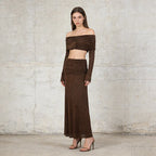 Minimalist Sexy Women’s Two-Piece Set – Off-Shoulder Long Sleeve Crop Top & Pleated Skirt - Styeenigma
