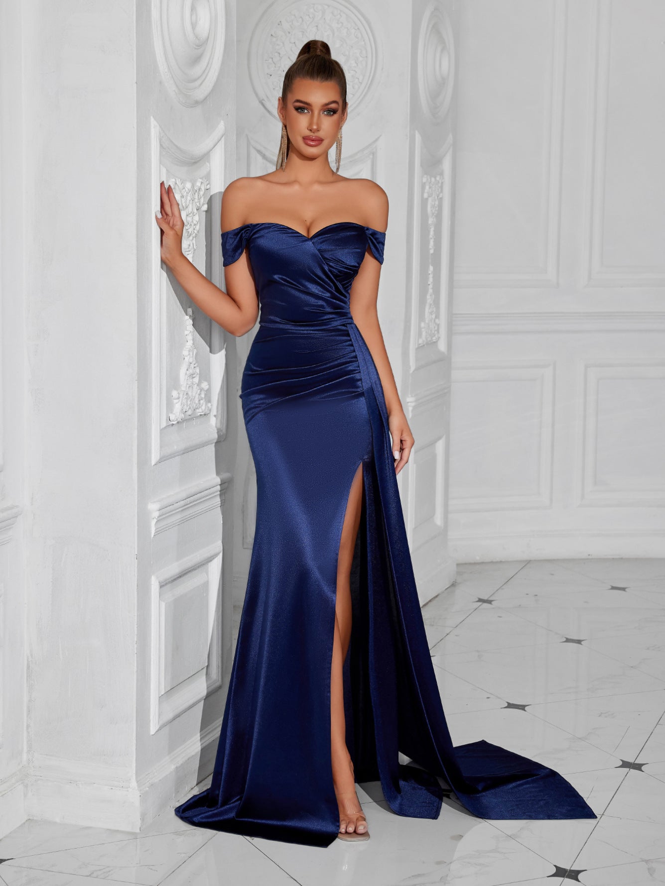 Mermaid Satin Off Shoulder Prom Dress with High Split – Ball Gown For Events