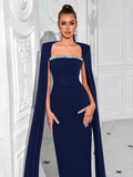 Square Neck Rhinestone Long Sleeve Maxi Evening Dress Formal Gown - Styeenigma