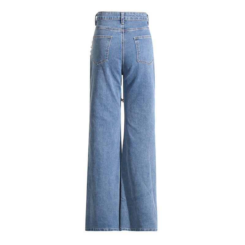High-Waist Rhinestone Patchwork Wide-Leg Jeans Straight Denim Pants Women
