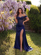 Navy Blue Off-Shoulder Evening Gown – Corset Lace Bodice & High Slit Satin Maxi Dress - Styeenigma