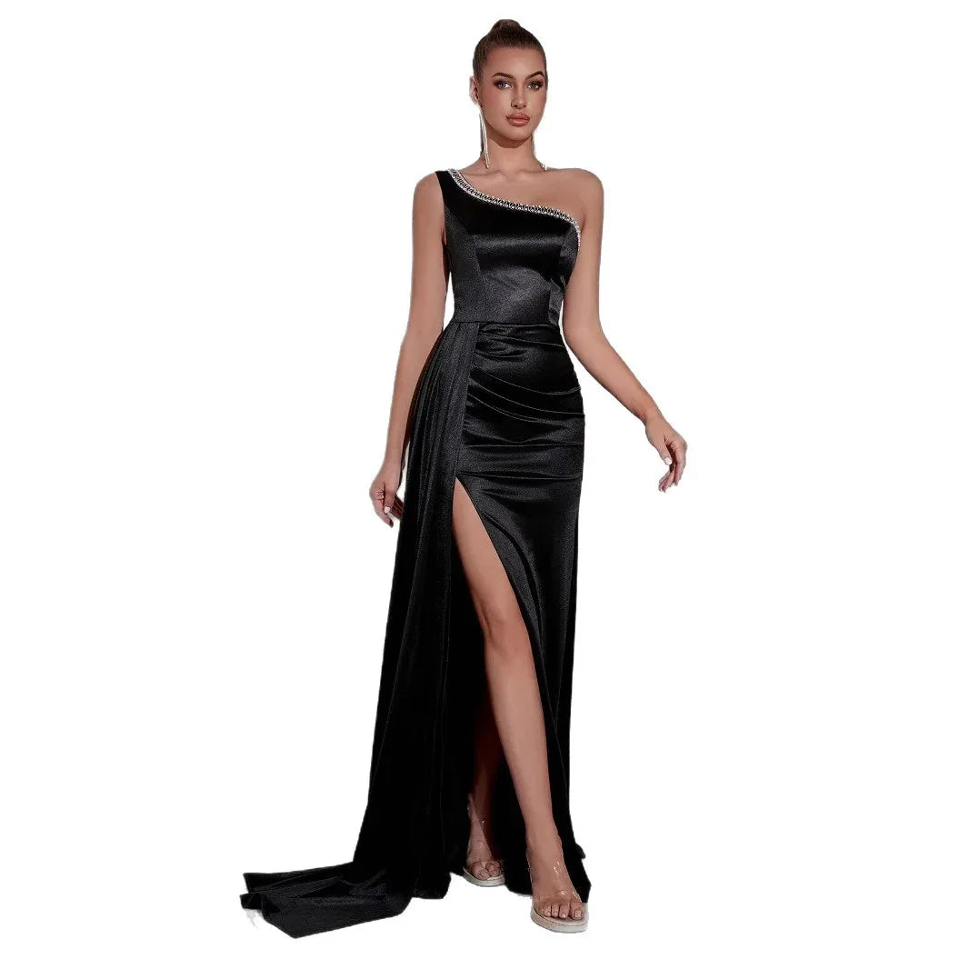 One-Shoulder Slit Evening Gown – Black Formal Dress for Women - Styeenigma