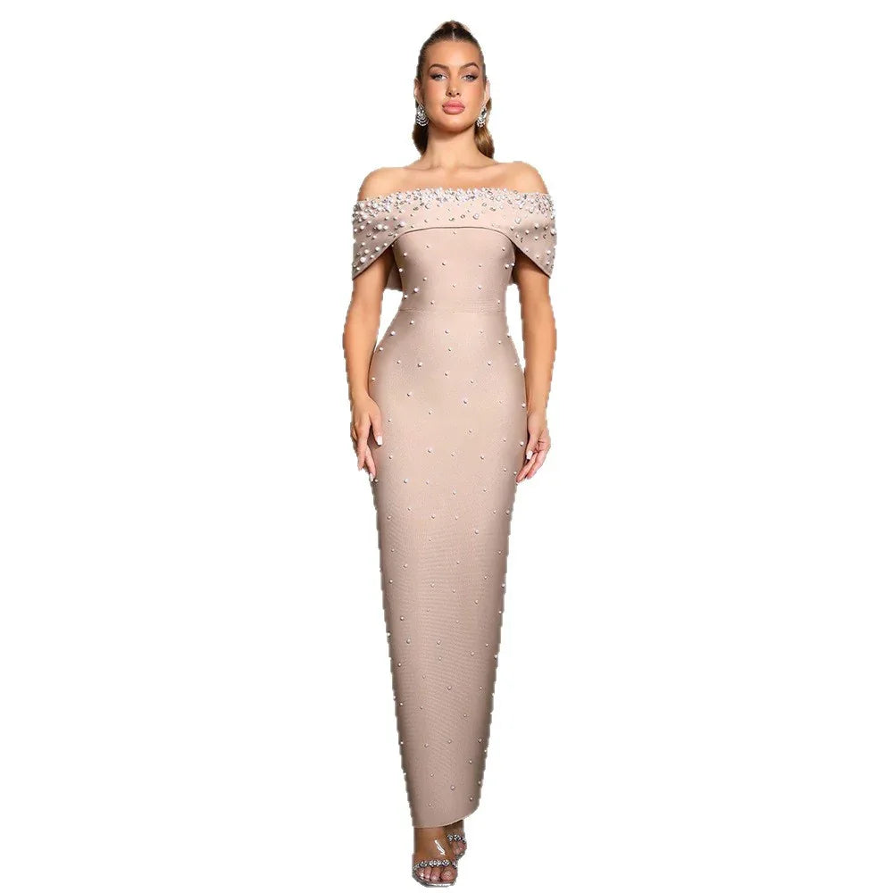 Off-the-Shoulder Beaded Bandage Dress – Rhinestone Embellished Evening Gown - Styeenigma