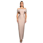 Off-the-Shoulder Beaded Bandage Dress – Rhinestone Embellished Evening Gown - Styeenigma