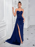 Sequin Strapless Ruched High Slit Evening Gown Dress – Elegant Formal Maxi - Styeenigma