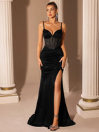 Velvet Corset Prom Dress | Rhinestone Mesh Mermaid Gown