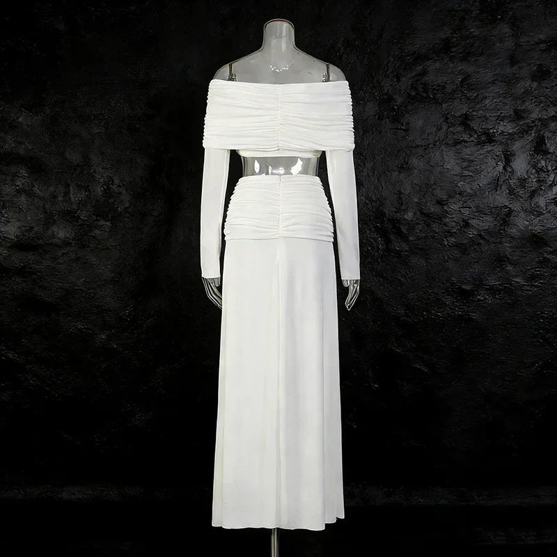 Minimalist Sexy Women’s Two-Piece Set – Off-Shoulder Long Sleeve Crop Top & Pleated Skirt - Styeenigma