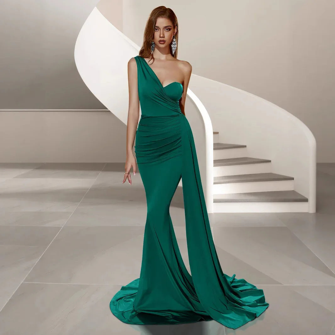 Single Shoulder Long Tail Backless Evening Dress – Bridesmaid & Party Gown - Styeenigma