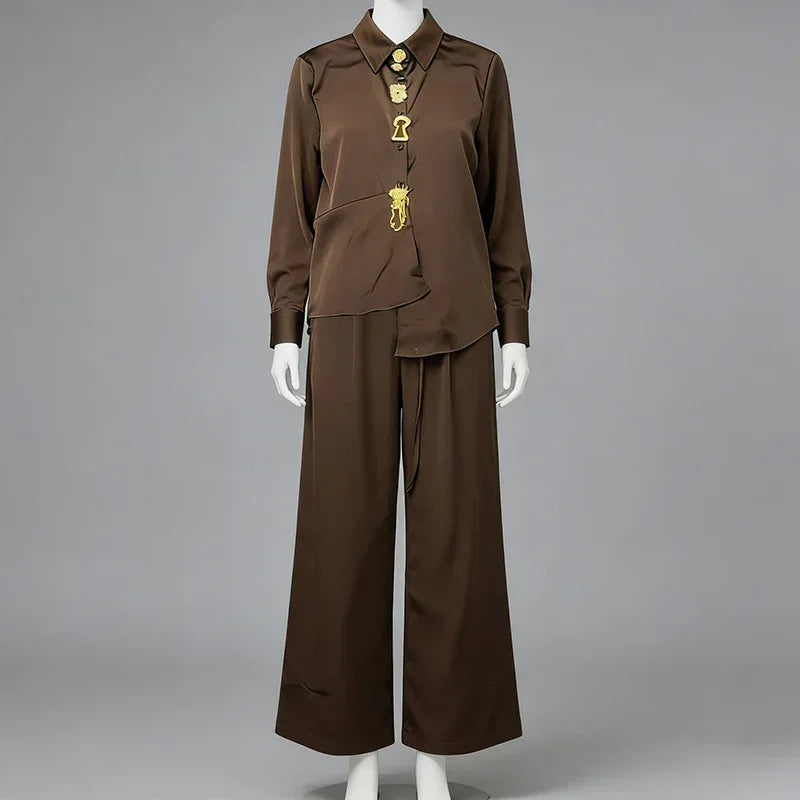 Vintage Style Women’s Shirt and Wide Leg Pants Set - Styeenigma