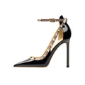 Pointed Toe Patent Leather High Heels Ankle Straps with Studs Detail - Styeenigma