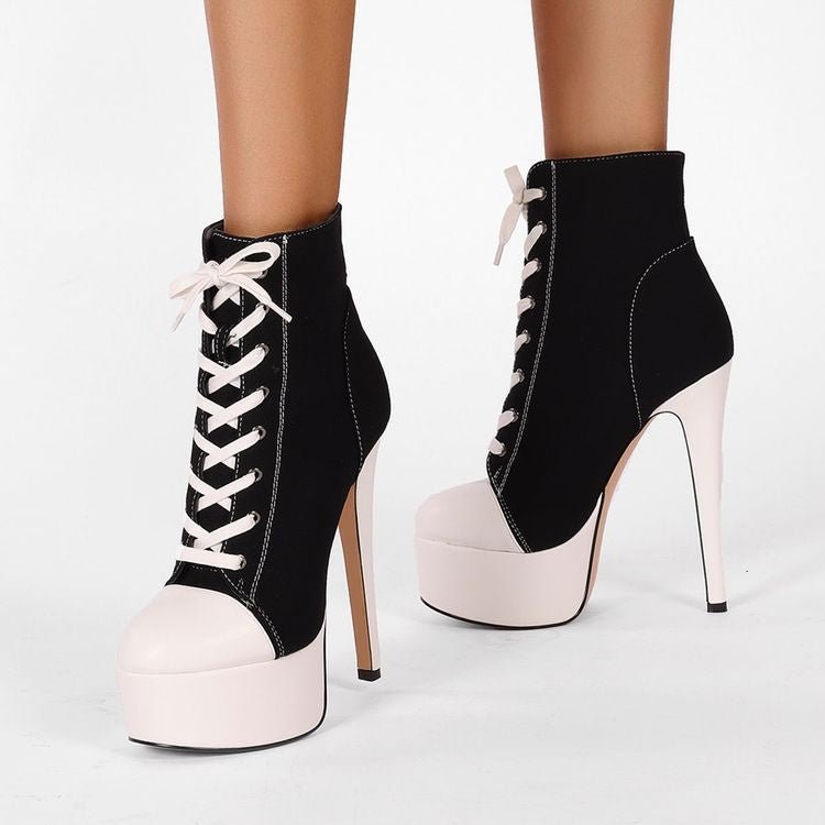 Women’s Black White Platform Stiletto High Heel Sneaker Boots Lace Up Ankle Booties - Styeenigma