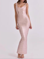 Slinky Metallic Bodycon Maxi Dress | Women's Sleeveless U-Neck Stretchy Evening Gown