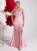 Pink Sling Fishbone Evening Gown Dress – Crystal Appliques, High Slit Mermaid Style - Styeenigma