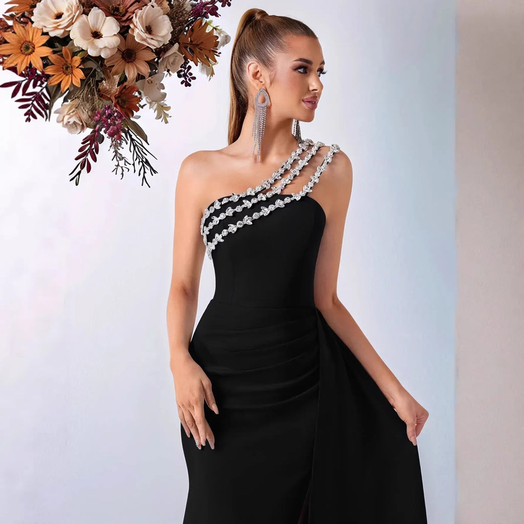 Luxury One-Shoulder Beaded Evening Gown – Styeenigma