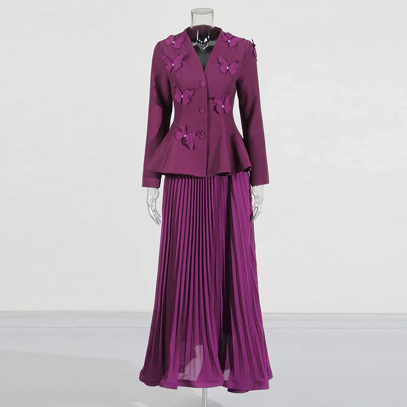 Elegant Two-Piece Set – 3D Embroidered Jacket & High-Waist Pleated Skirt - Styeenigma
