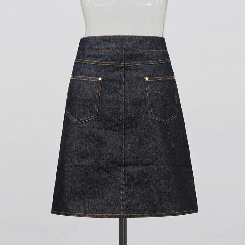 High Waist Single-Row Gold Button Denim A-Line Mini Skirt for Women - Styeenigma