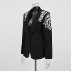 Women’s Black Suit Two-Piece Set – Rhinestone Blazer & High-Waist Straight Leg Pantsuit - Styeenigma