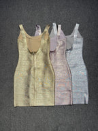 Shimmering Metallic Mini Dress - Sleeveless U-Neck Bandage Party Dress for Women