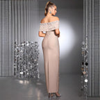 Off-the-Shoulder Beaded Bandage Dress – Rhinestone Embellished Evening Gown - Styeenigma