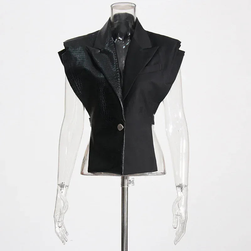 Crocodile Embossed Leather Patchwork V-Neck Vest for Women - Styeenigma