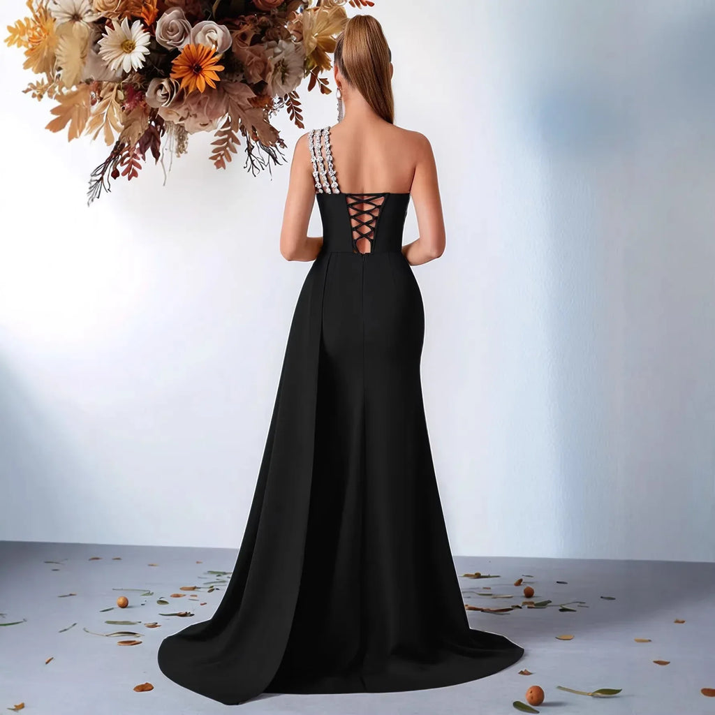 Luxury One-Shoulder Beaded Evening Gown – Bodycon Slit Formal Dress - Styeenigma